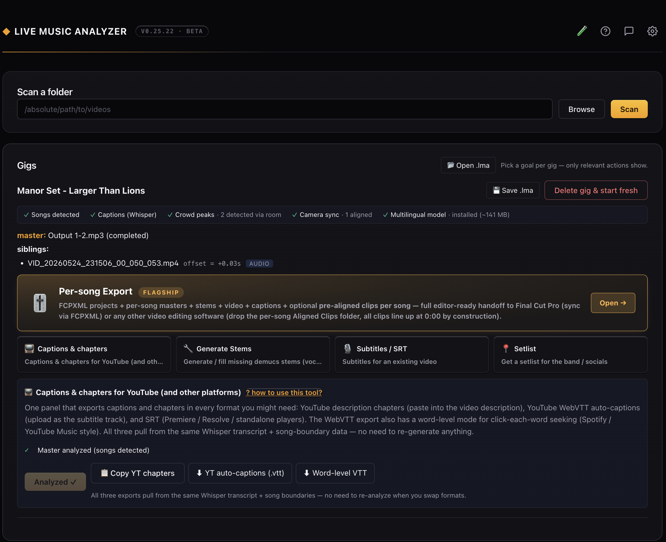 Gig overview: songs detected, captions, crowd peaks, camera sync — with per-song export to Final Cut Pro