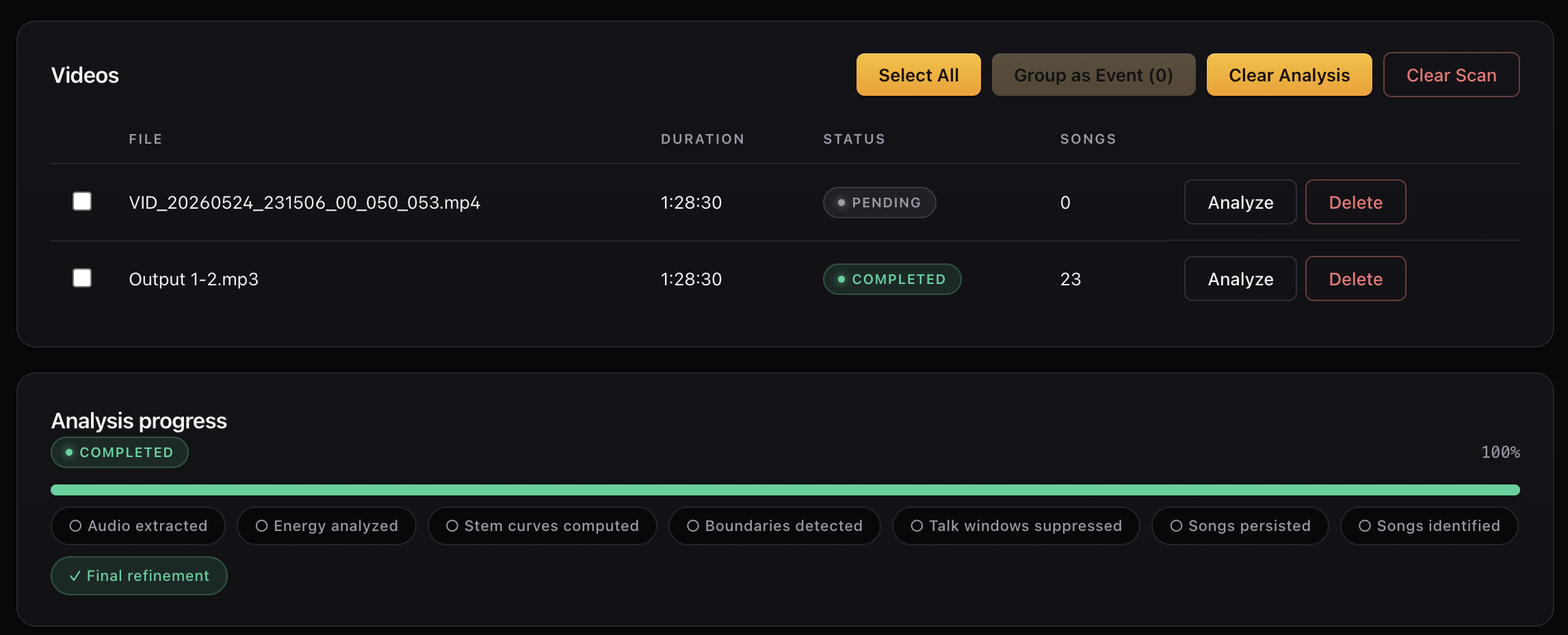 Live Media Analyzer showing an analyzed 1:28:30 master with 23 songs and a completed analysis pipeline